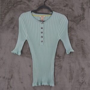 Sundance Ribbed Henley Top Womens M Blue Organic Cotton Lettuce Trim Y2K Style